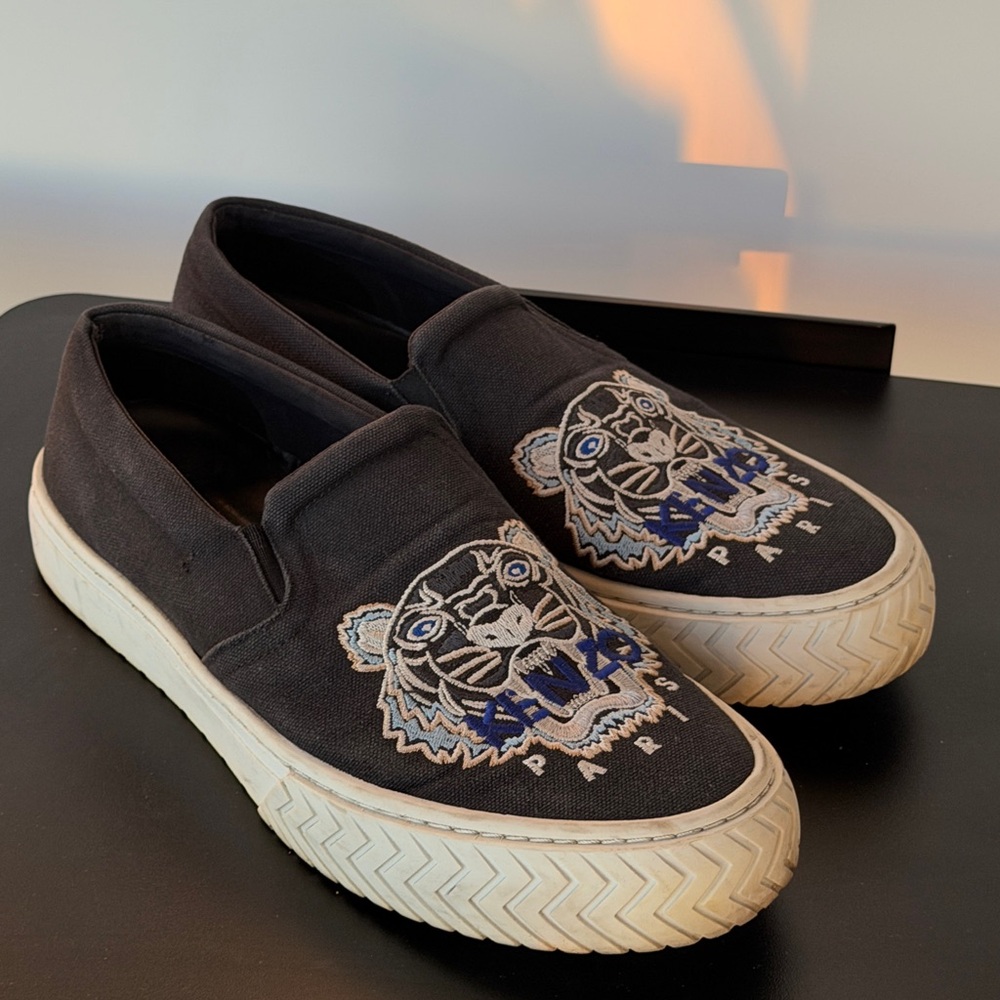 Kenzo Black Canvas Slip-On Loafers with Embroidered Tiger